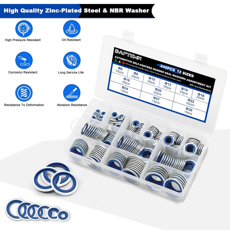 Daptemn 245PCS Metric Bonded Seal Dowty Washer, NBR Zinc-Plated Automotive Self-Centred Seal Rubber Washers, Gasket Seal Crush O-Ring Assortment Kit Set, Includes Sizes of M6-M30 - Image 4